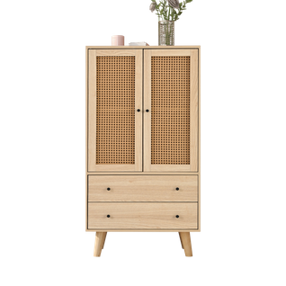 Buffet Salon 2 Portes Rotin Et 2 Tiroirs, Mdf, 4 Compartiments, 60x40x120 Cm, Naturel