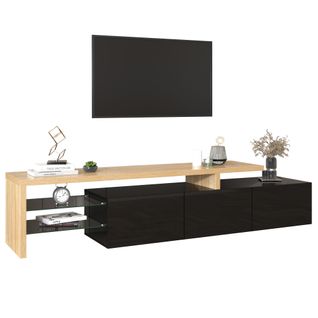 Meuble TV Avec Éclairage LED, 3 Portes Et Tablettes En Verre, Mdf E1, 197,5x39x42 Cm, Noir Et Bois