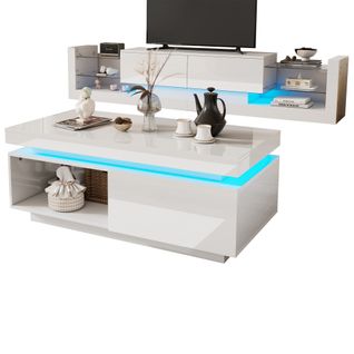 Meuble TV 181 Cm Blanc Haut Brillant, Avec LED, Table Basse Blanche Avec LED, Panneau De Particules