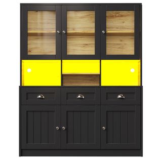 Buffet Haut LED Vitrine De Cuisine Avec Étagères Réglables Et Meuble De Rangement, Mdf, Noir
