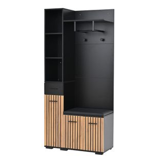 Meuble D'entrée Vestiaire Avec Banc De Rangement, LED Télécommandée Et 21 Compartiments, Noir