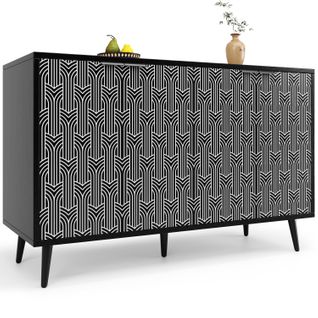 Buffet Bahut Moderne à Motif Chevron Et Poignées Métal, Meuble Rangement Salon Ou Chambre, Noir