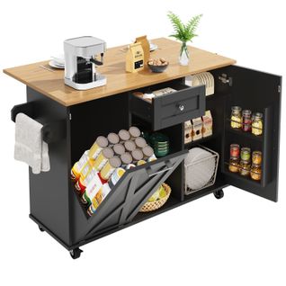 Îlot Cuisine Avec Rangement Et Étagères, Roues Mobiles, Métal Et Mdf, Noir