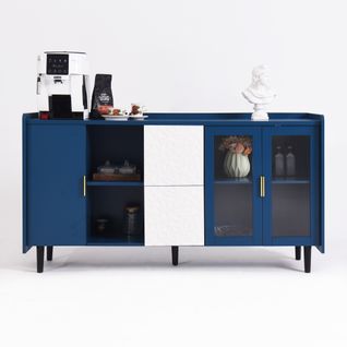 Buffet Cuisine Avec 2 Tiroirs, 2 Portes Vitrées Et Étagères Ouvertes, Mdf, 150x40x80 Cm, Bleu