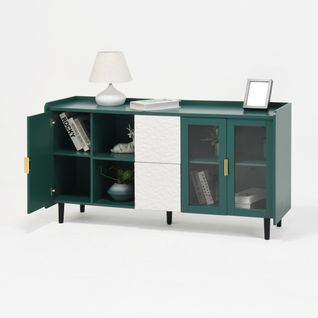 Buffet Cuisine Avec 2 Tiroirs, 2 Portes Vitrées Et Étagères Ouvertes, Mdf, 150x40x80 Cm, Vert
