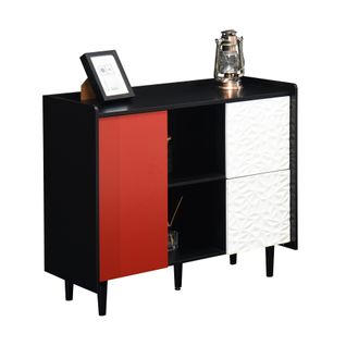 Buffet Cuisine 2 Tiroirs, Niches Ouvertes, Portes Rouges, Mdf, Noir/rouge