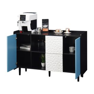 Buffet Cuisine 2 Tiroirs, Niches Ouvertes, Portes Bleues, Mdf, Noir/bleu