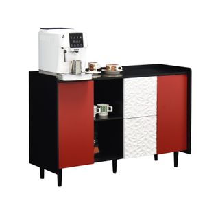 Buffet Cuisine 2 Tiroirs, Niches Ouvertes, Portes Rouges, Mdf, Noir/rouge