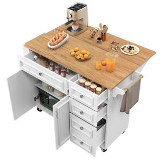 Îlot Cuisine Multifonction Avec Rangements Et Roulettes, Buffet Pliable, Mdf Et Métal, Blanc