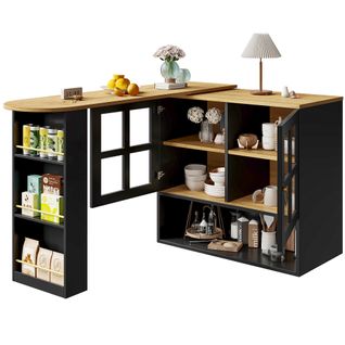 Buffet Pivotant Cuisine, 5 Niveaux Rangement, Étagères Et Élément Verre, Noir