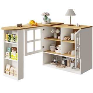 Buffet Pivotant Cuisine, 5 Niveaux Rangement, Étagères Et Élément Verre, Blanc