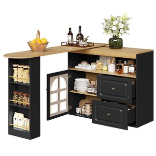 Îlot Cuisine Moderne, Buffet Rotatif, 2 Tiroirs, Meuble Bar, Étagères Ouvertes, Mdf, Noir