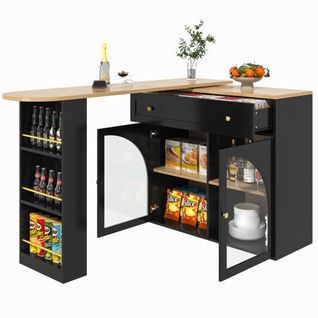 Îlot Cuisine Pivotant 360°, Buffet, Meuble Bar, 3 Étagères, Vitre Verre, Mdf, Noir