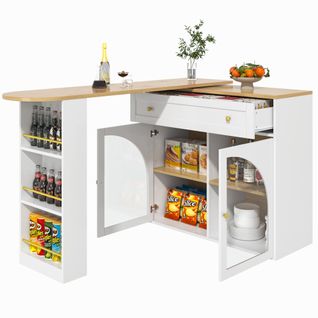 Îlot Cuisine Pivotant 360°, Buffet, Meuble Bar, 3 Étagères, Vitre Verre, Mdf, Blanc
