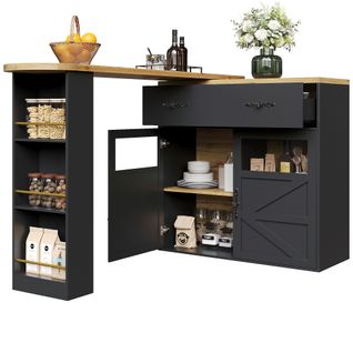 Îlot Cuisine Extensible, Meuble Rangement Pivotant 360°, Étagères Latérales, Mdf, Noir