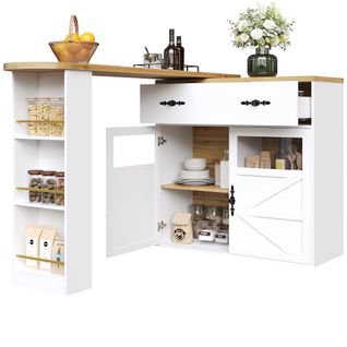 Îlot Cuisine, Buffet Extensible, Tiroirs Et Étagères Latérales, Mdf, Blanc