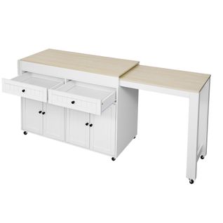 Desserte Cuisine Multifonction, Îlot Roulettes, Tiroirs Et Plateau Extensible, Mdf, Blanc