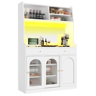 Vitrine LED - Buffet Haut Avec Étagères Réglables Et 2 Tiroirs, Mdf, Beige