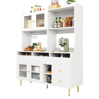Vaisselier Design - Buffet Haut Avec Portes Vitrées Et Meuble Rangement, Mdf Métal, Blanc