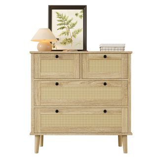 Commode 4 Tiroirs, Rangement Rotin, Mdf Et Bois, Naturel