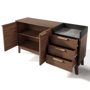 Buffet Chêne Foncé Effet Marbre Avec 3 Tiroirs, Étagère Réglable, 2 Portes, Rangement