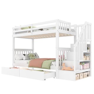 Lit Superposé Enfant 90x200 Cm Bois Blanc, Escalier De Rangement, 2 Tiroirs Et Barrières De Sécurité