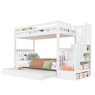 Lit Superposé 90x200 Cm Avec Lit Gigogne, Rangement, Escalier De Sécurité, Sommiers, Bois Blanc