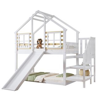 Lit Cabane Superposé 90x200 Cm En Bois Avec Toit, Fenêtres, Toboggan Et Échelle Sécurisée
