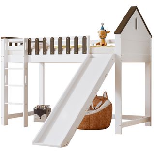 Lit Mezzanine Enfant 90x200 Cm Blanc Et Bois Avec Toît, Fenêtres, Échelle Et Toboggan, En Bois