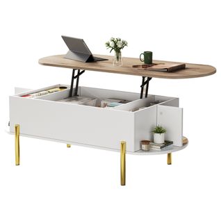 Table Basse, 120x50x43cm, Plateau Relevable, Compartiment Caché, Mdf, Couleur Blanc Et Bois Naturel