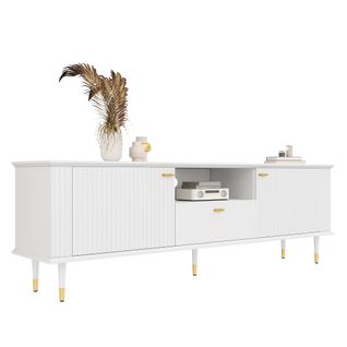 Meuble TV Blanc Avec Compartiments Ouverts Et Tiroirs, Surface Texturée Laquée