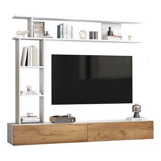 Ensemble De Meubles TV 180 Cm Avec Vitrines, Étagère Sur Pied Et Étagère Murale, Blanc Et Bois