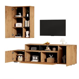 Ensemble De Meubles TV Avec Vitrine Et Étagère Sur Pied, Couleur Bois Et Noir