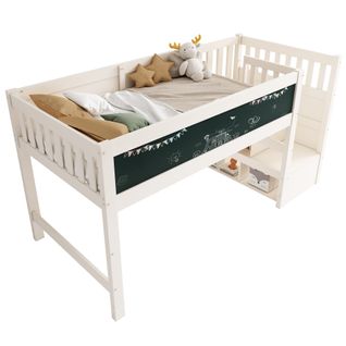 Lit Mezzanine Enfant 90x200 Cm En Bois Avec Rangement Sous Échelle Sécurisé Et Tableau