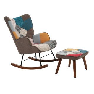Fauteuil à Bascule69,5x50x88,5cm, Rockingchair, Pieds  En Bois Et Fer, Mousse, Lin, Multicolore