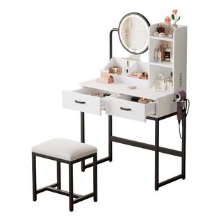 Coiffeuse80x40x138 Cm, miroir, led, usb, 2 Tiroirs, 1 Tabouret, aggloméré, métal, blanc+noir