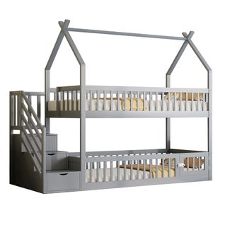 Lit Superposé Enfant 90x200 Cm Avec Escalier Et Rangement, 3 Portes, En Bois Gris Style Cabane