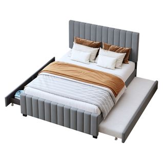 Lit 140x190 Cm 2 Places Avec Lit Gigogne 90x190 Cm, 2 Tiroirs De Rangement, Sommiers, Velours Gris