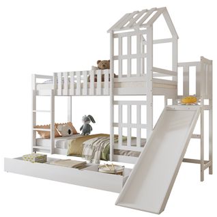 Lit Superposé Enfant 90x200 Cm Blanc Avec Toboggan, Tiroir De Rangement Et Toit Cabane En Bois