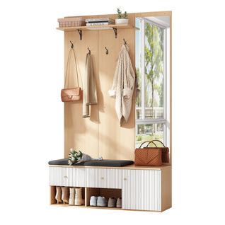 Vestiaire Bois Et Blanc, Meuble D’entrée H.200cm, Miroir, Banc, 4 Crochets, 2 Tiroirs Et Rangements