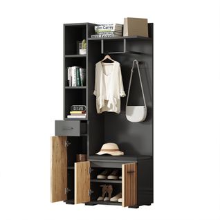 Vestiaire Noir, Meuble D'entrée Avec 3 Portes, Tiroir Et Étagères Ouvertes, Banc, Rangement Fermé