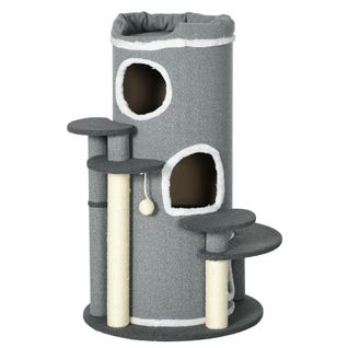 Arbre à Chat 57x57x99cm, Échelle Pour Animaux, Balle De Jeu, Cabane, Aggloméré, Tissu, Gris