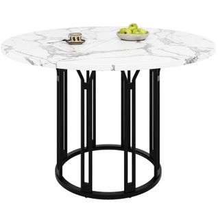 Table Ronde à Manger, 100x100x74cm, Table Haute, Plateau En Mdf, Pieds Métal Noir, Motif De Marbre
