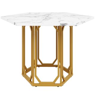 Table Hexagonale à Manger, 110.2x95.4x75.5cm, Plateau, Pieds De Table, Motif De Marbre, Blanc, Doré
