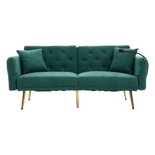 Canapé Convertible Vert 2 Places, Ports USB, Dossier + Accoudoirs Réglables Et Rangement, Tissu