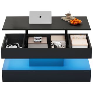 Table Basse, 100*50*42cm, Table De Salon Avec LED, Plateau Relevable, Rangement Caché, En Pb, Noir