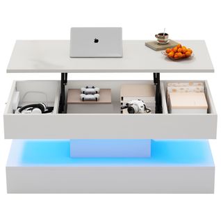 Table Basse, 100*50*42cm, Table De Salon Avec LED, Rangement Caché, Plateau Relevable, En Pb, Blanc