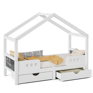 Lit Cabane, 90x200cm, Lit Simple Forme Toit, 2 Tiroirs, Tableau Noir, En Bois Et Mdf, Blanc