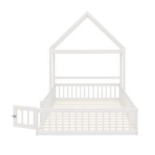 Lit Cabane 140×200cm, Lit Enfant Avec Barrière, Porte, Lattes, Étagère, En Pin Et Mdf, Blanc