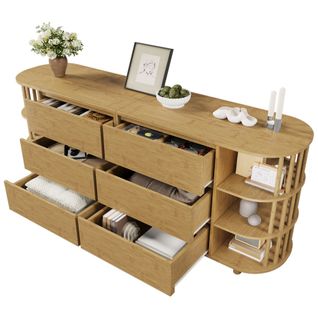 Commode à 6 Tiroirs Avec Colonnes Et Étagères En Bambou, Pieds Réglables En Hauteur, Chêne
